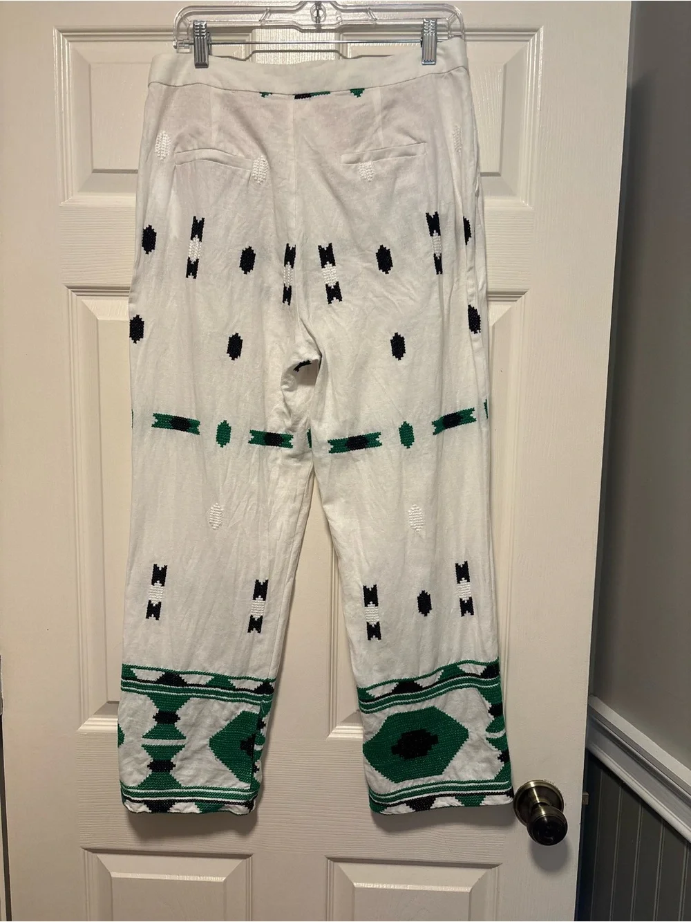 Zara Embroidered Linen Blend Cropped Straight Leg Pants White Green Large
